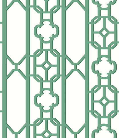 Green decorative metal lattice panel with geometric octagon motifs and ornate connectors; ideal room divider or fence screen.