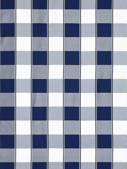 Navy, light blue, and white plaid fabric with bold checks; suitable for shirts or table linens.