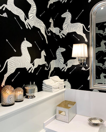 SCALAMANDRE  ZEBRAS - WALLPAPER BIRD , ANIMAL BLACK & SILVER   - SC 0009WP81388M NEW SKU # SCWP81388M0009