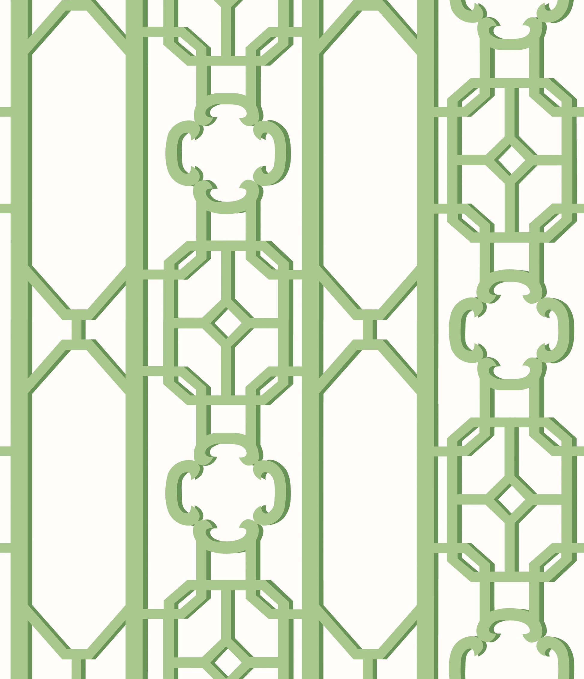 Light green decorative metal lattice fretwork panel with vertical bars and pear motif.