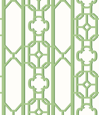 Light green decorative metal lattice fretwork panel with vertical bars and pear motif.