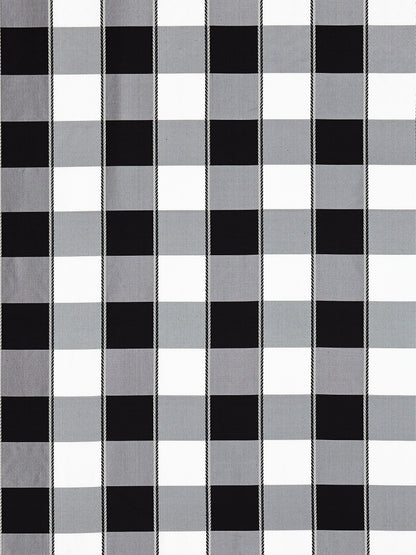 Grey, black & white plaid fabric with vertical stripes & square checks; woven textile for shirts or clothing.
