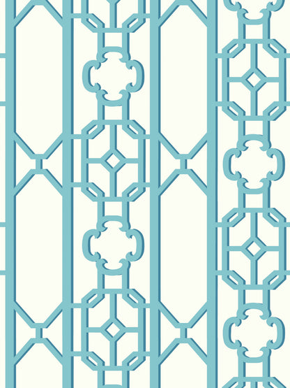 Teal blue geometric lattice panel with octagon and cross motifs; metal-style decorative wall screen.