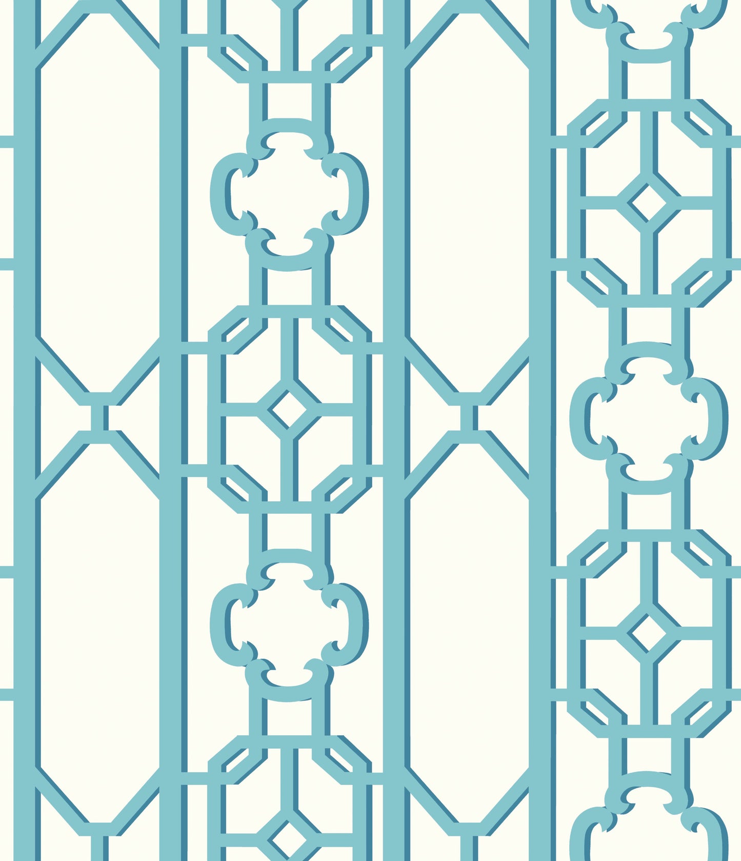 Turquoise lattice fretwork pattern with geometric shapes and quatrefoil motifs; decorative panel.