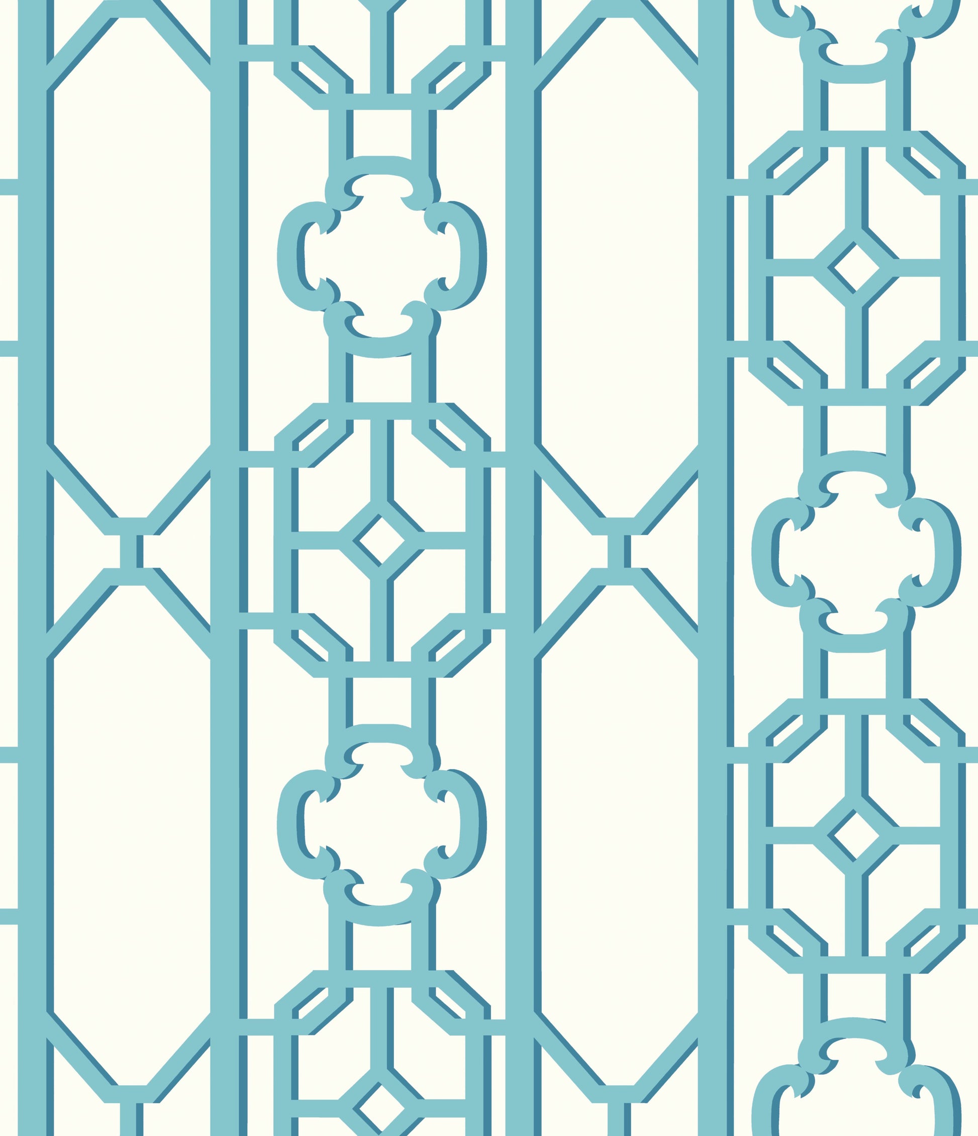 Turquoise lattice fretwork pattern with geometric shapes and quatrefoil motifs; decorative panel.