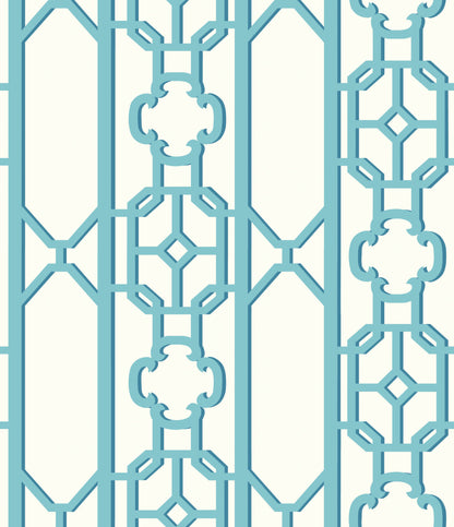 Turquoise lattice fretwork pattern with geometric shapes and quatrefoil motifs; decorative panel.