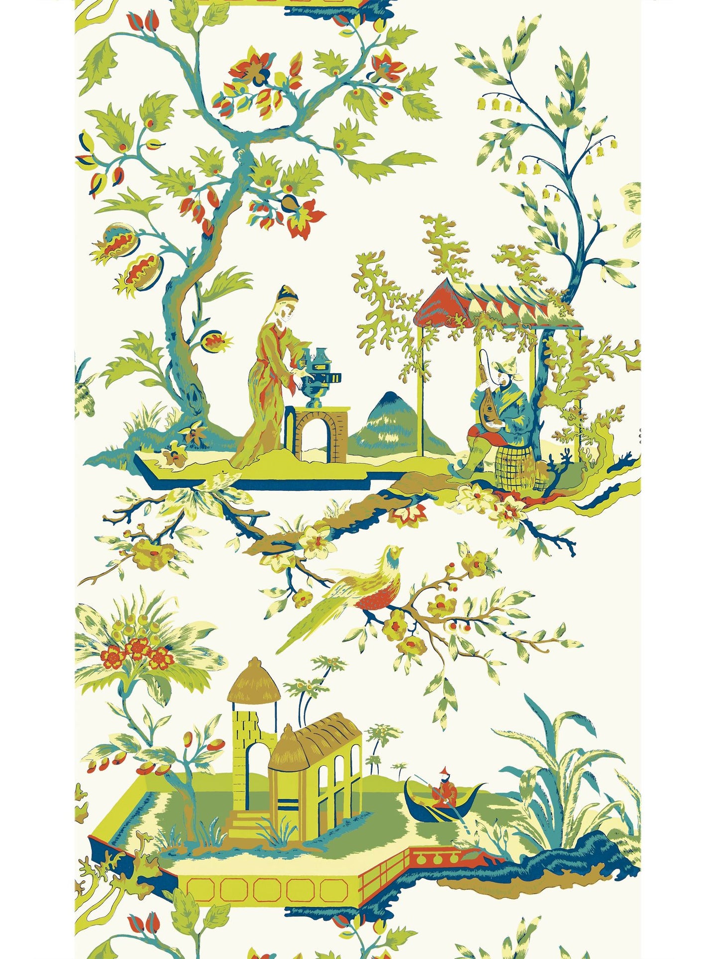 SCALAMANDRE  CH'IN LING BIRD , ANIMAL 
BOTANICAL , FOLIAGE 
CHINOISERIE 
SCENIC MULTICOLOR ON IVORY   - SC 0011WP81212 NEW SKU # SCWP812120011