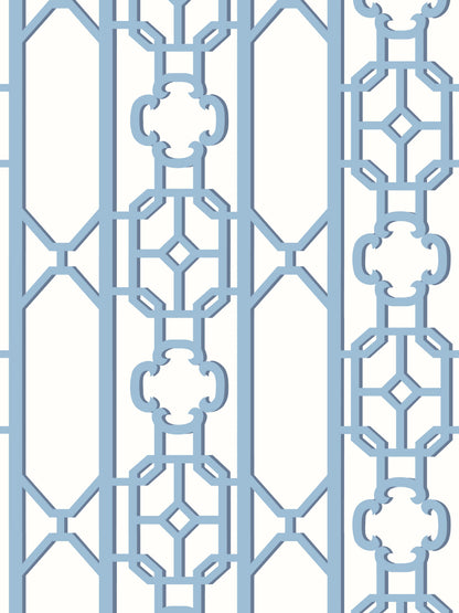 Blue geometric lattice pattern with octagonal and quatrefoil motifs; decorative panel-style design.
