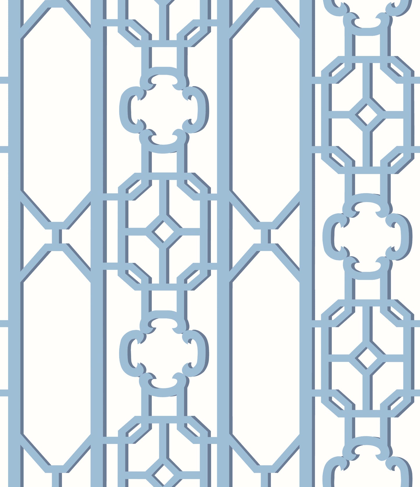 Light blue-gray decorative metal lattice panel with geometric octagon and quatrefoil motifs, vertical wall screen.
