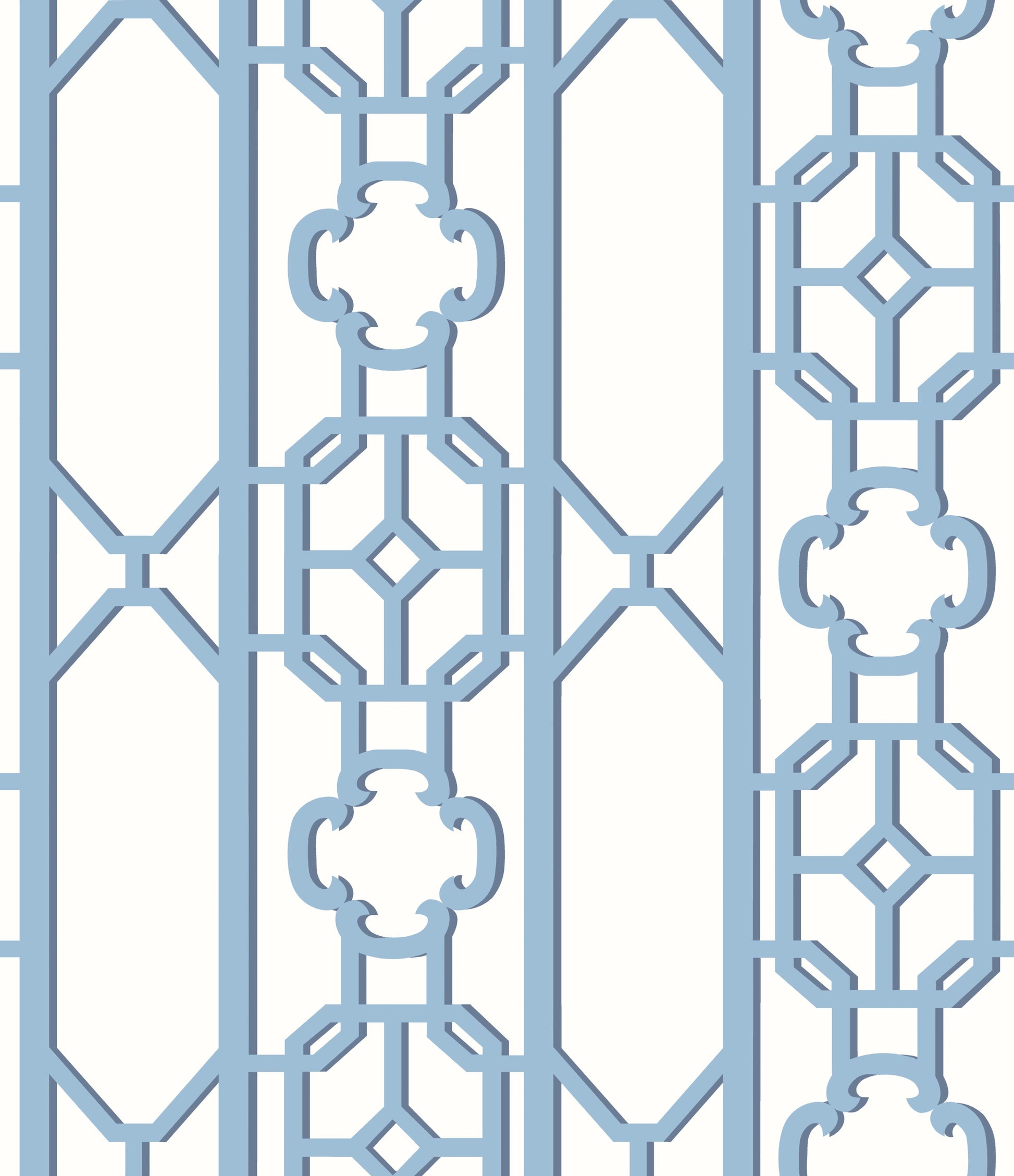 Light blue-gray decorative metal lattice panel with geometric octagon and quatrefoil motifs, vertical wall screen.