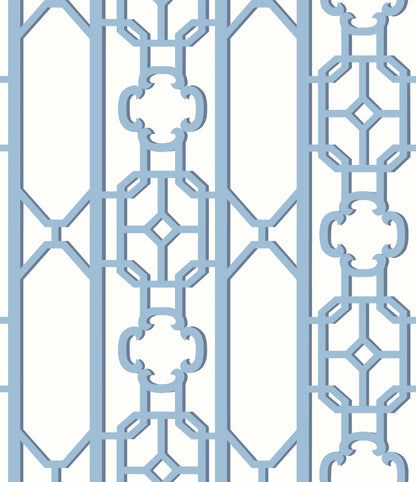 Light blue-gray decorative metal lattice panel with geometric octagon and quatrefoil motifs, vertical wall screen.