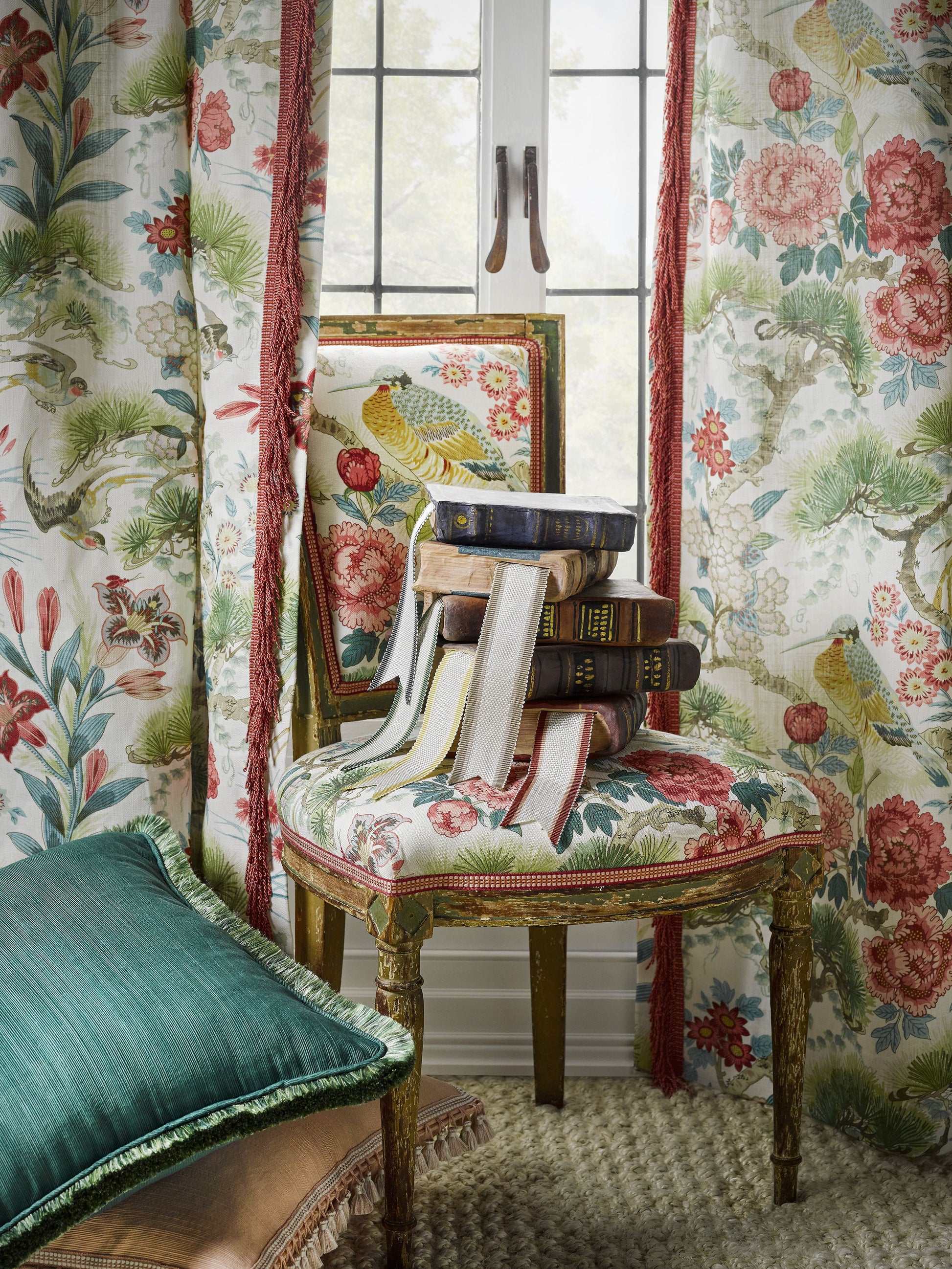 Vintage floral moire upholstery fabric in Tourmaline color, showing pattern and texture.