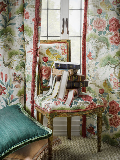 Vintage floral moire upholstery fabric in Tourmaline color, showing pattern and texture.