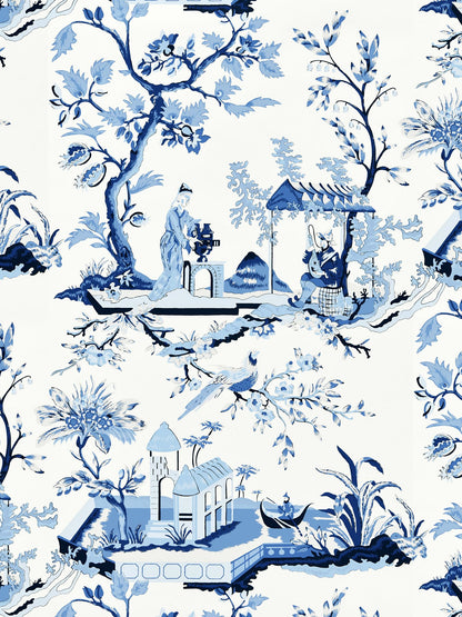 Blue and white chinoiserie wallpaper pattern with trees, pagodas, pavilions, bridges, and figures.