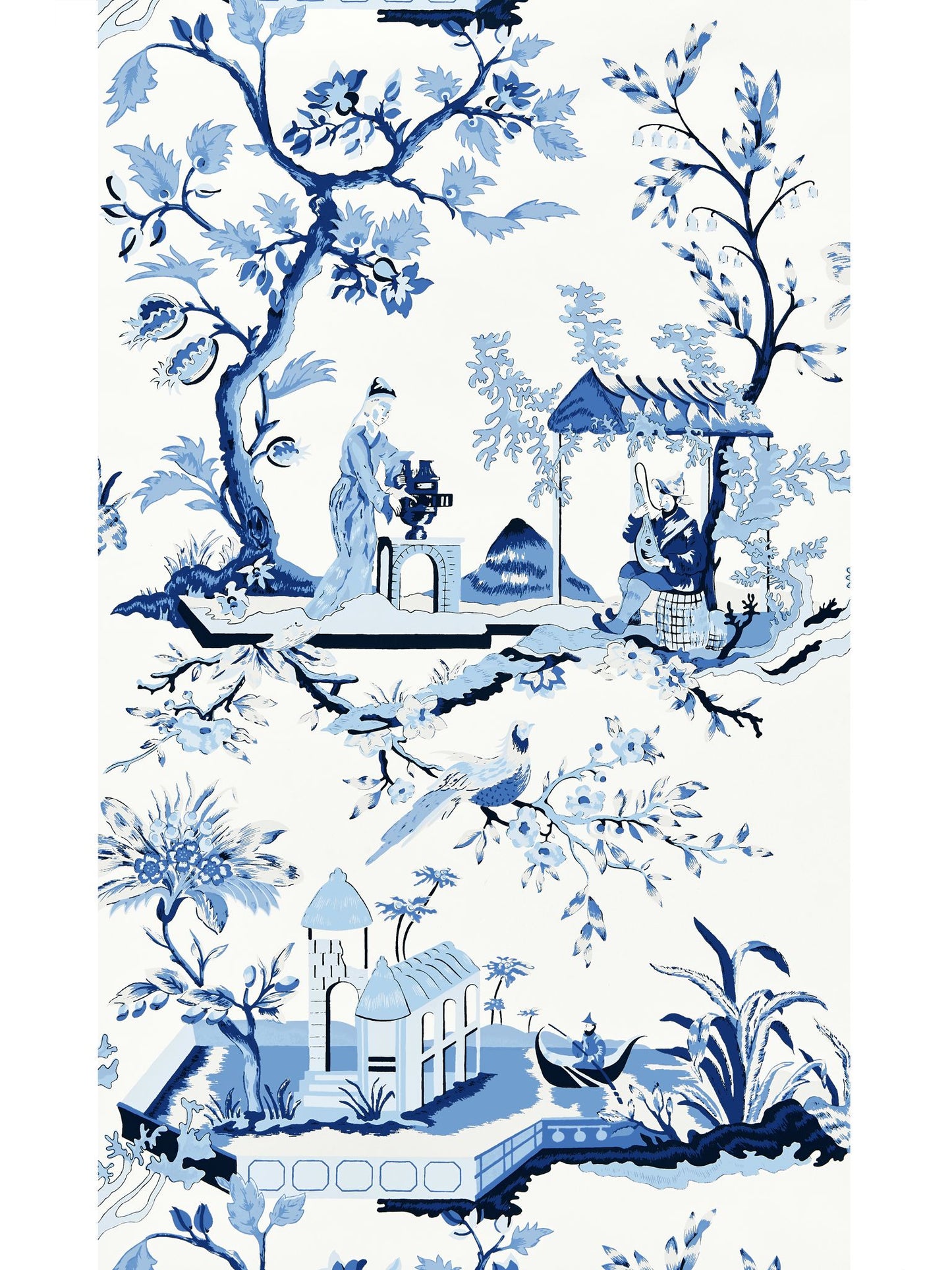 Blue and white chinoiserie wallpaper featuring trees, pagodas and seated figures in a serene landscape.