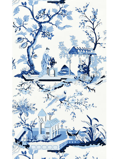 Blue and white chinoiserie wallpaper featuring trees, pagodas and seated figures in a serene landscape.