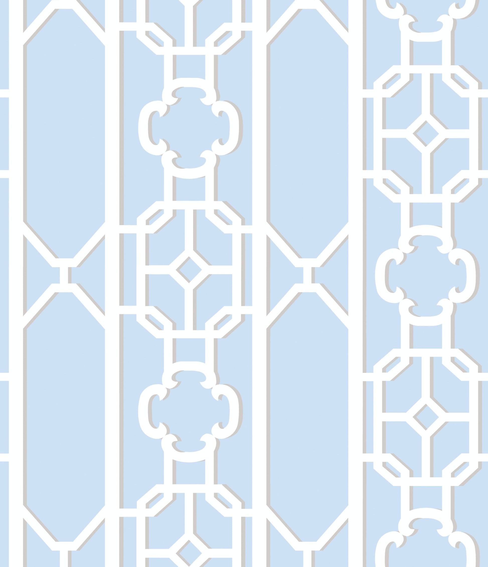 Powder blue background with a white decorative geometric lattice; vertical panels with octagon and scroll motifs.