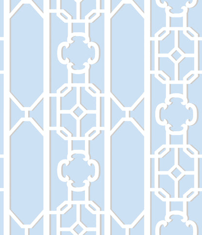 Powder blue background with a white decorative geometric lattice; vertical panels with octagon and scroll motifs.