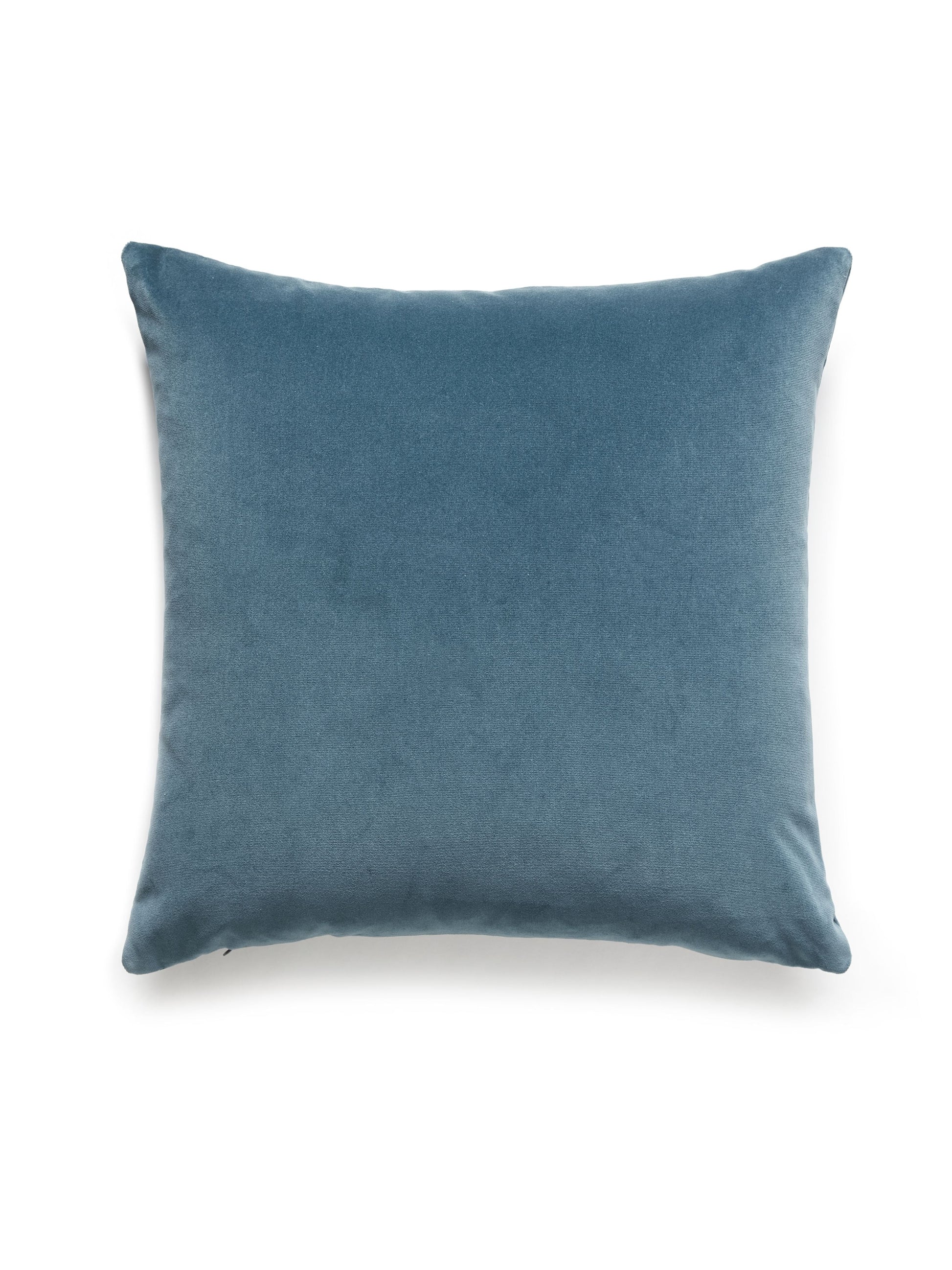 Blue velvet square throw pillow with plush texture, decorative home decor accessory.