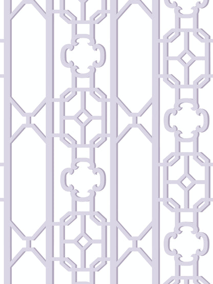 Lavender fretwork lattice metal panel with repeating octagon and quatrefoil motifs for decorative wall screen.