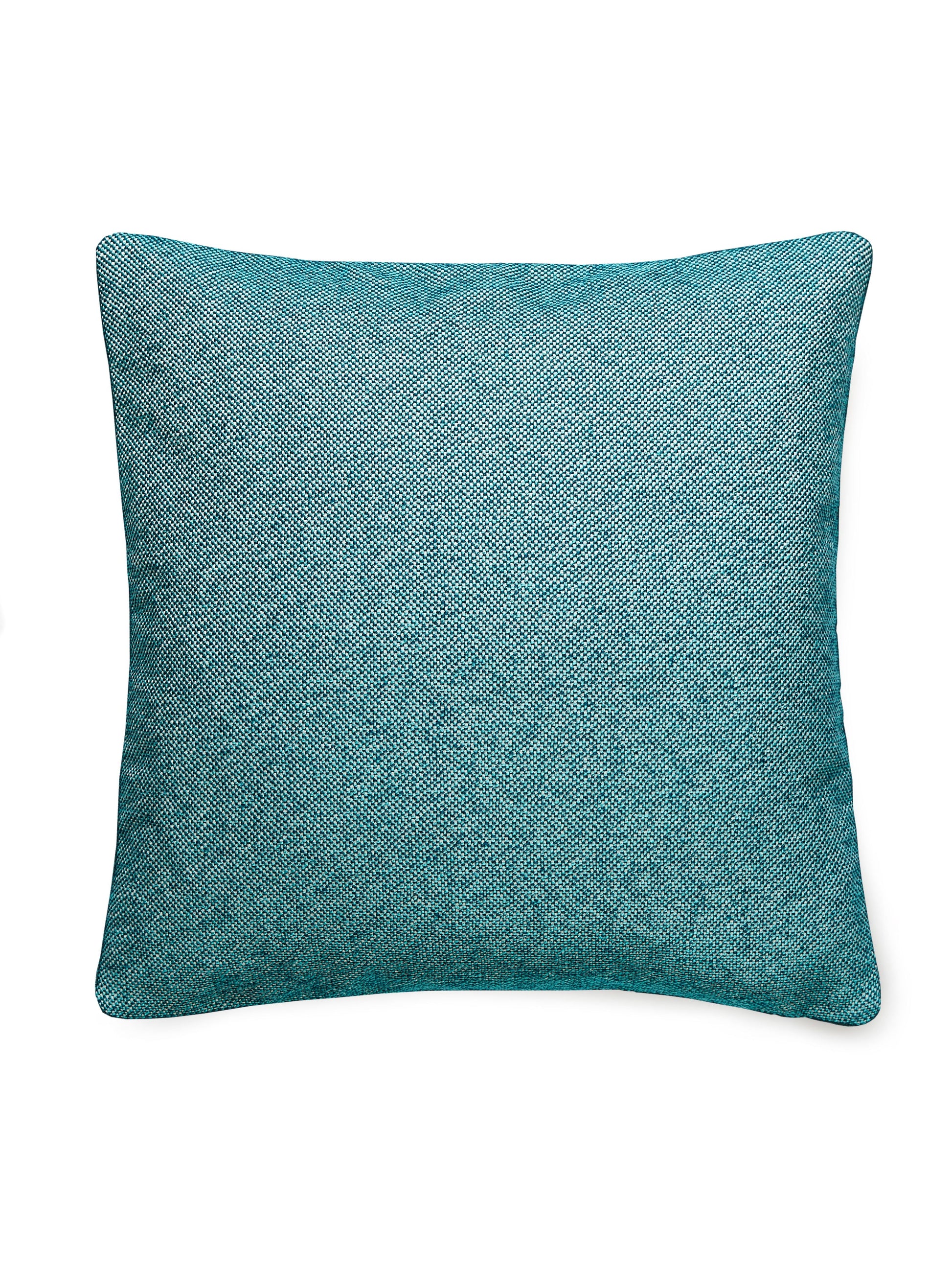 Teal square decorative throw pillow with textured woven fabric for sofa or bed.