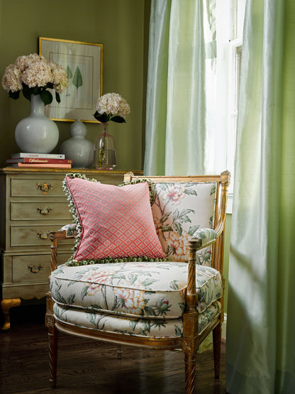 Peony linen print fabric swatch in Sunlight colorway, featuring a pink floral peony pattern on linen.