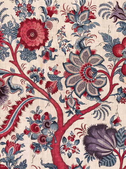 Beige fabric with bold red, blue & purple floral pattern; stylized blossoms, twisting branches & leafy motifs.