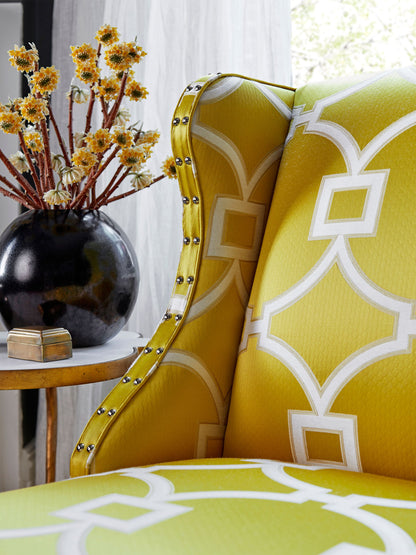 Yellow circle-fret fabric pattern in Forsythia color, fabric swatch.
