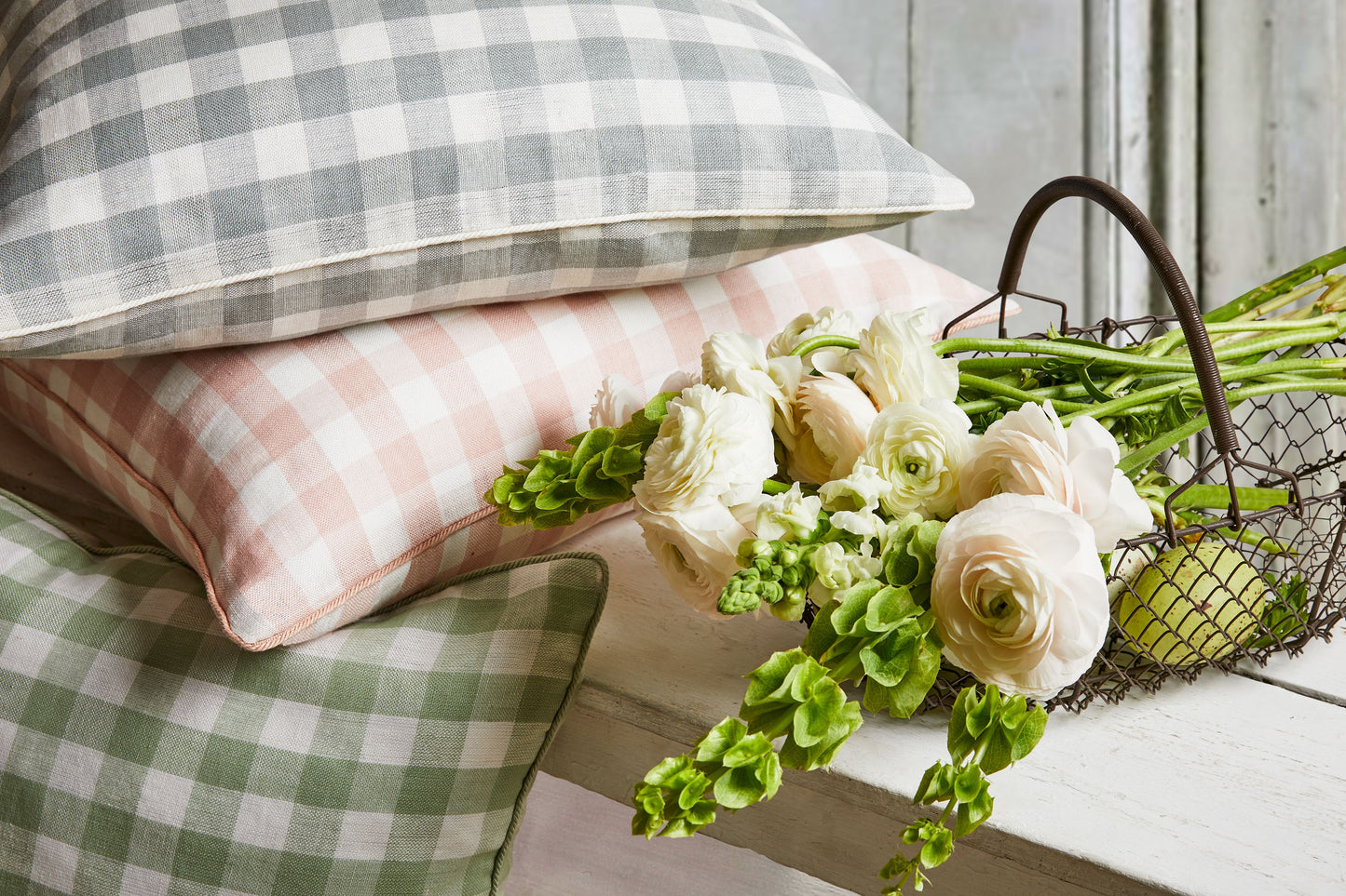 Blush Swedish linen check fabric swatch.