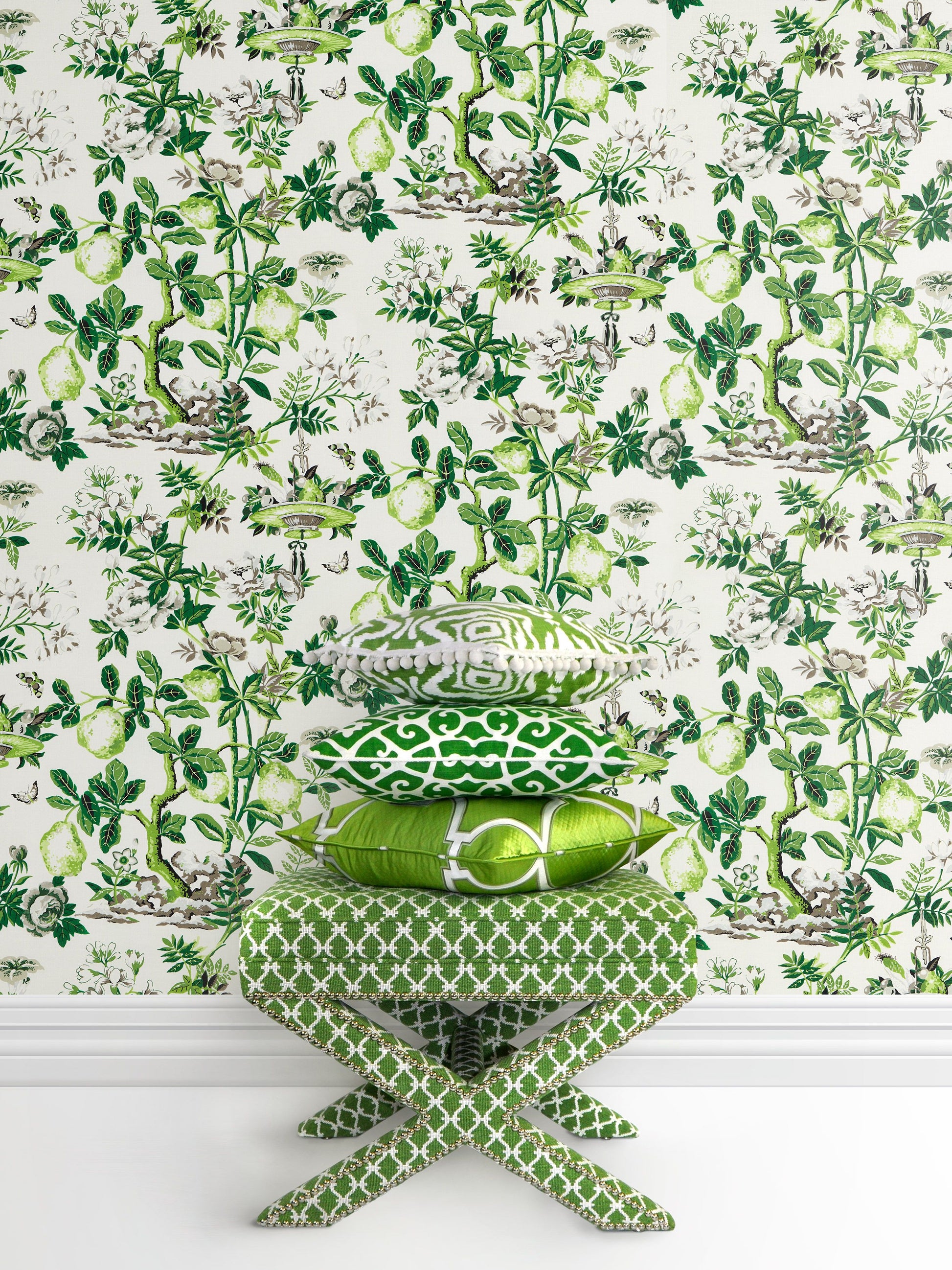 Shantung Garden Verdance wallpaper by Scalamandré, featuring green botanical branches, fruits, and butterflies on a white non-woven background – perfect for luxury interiors