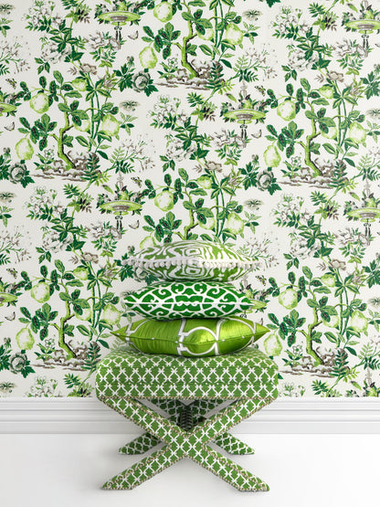 Shantung Garden Verdance wallpaper by Scalamandré, featuring green botanical branches, fruits, and butterflies on a white non-woven background – perfect for luxury interiors