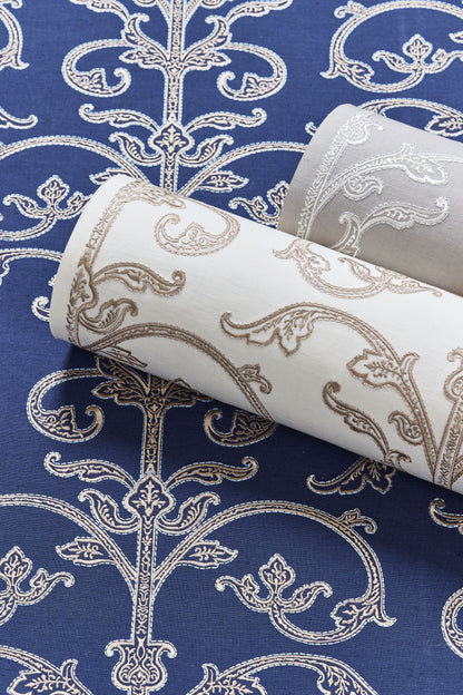 SCALAMANDRE  SAXONY SCROLL WALLCOVERING DAMASK 
FRETWORK , LATTICE 
SCROLL STEEL   - SC 0002WP88558 NEW SKU # SCWP885580002