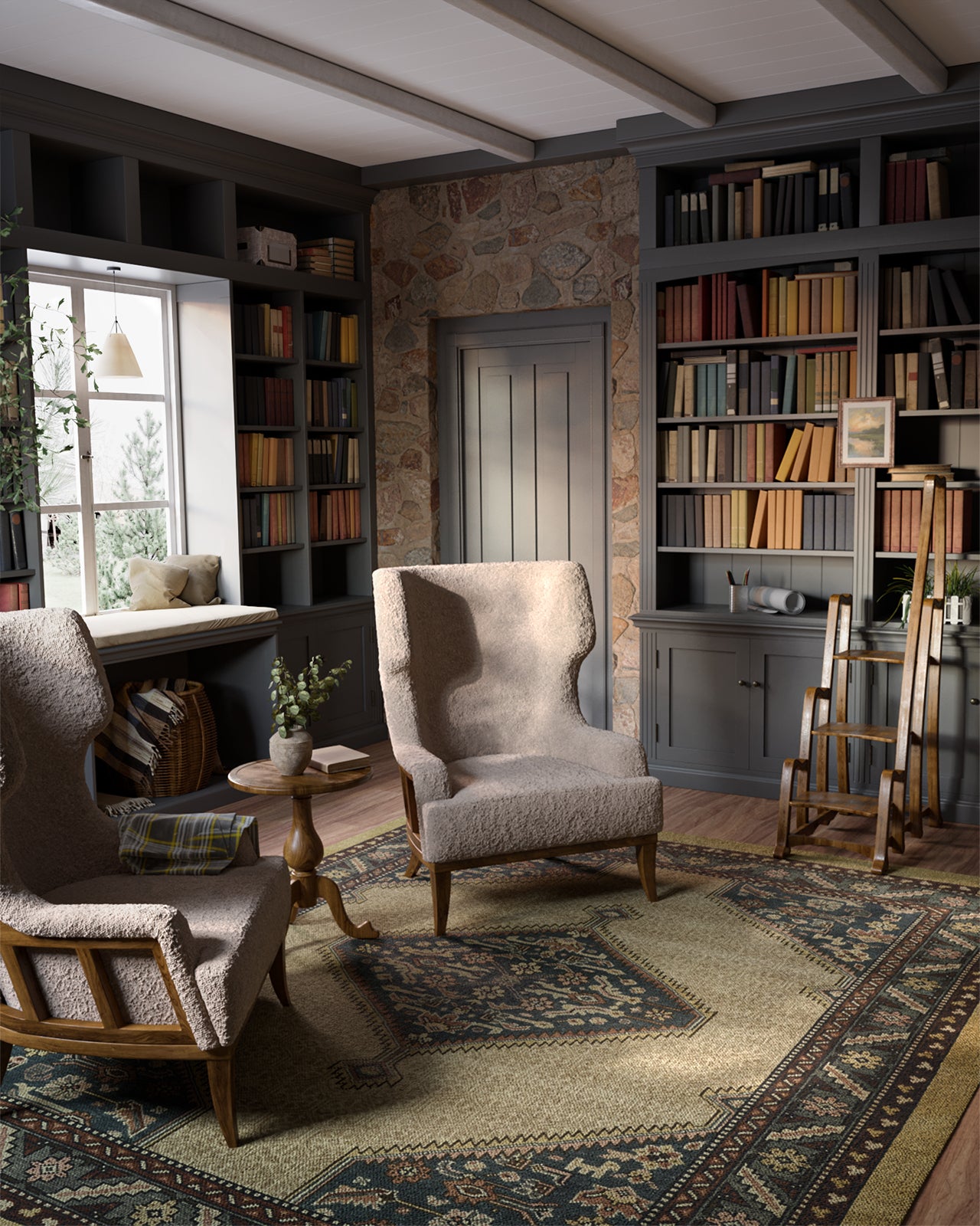 Cozy living room with gray-blue built-in bookshelves, stone wall, beige boucle armchairs, round wooden table, & rug.