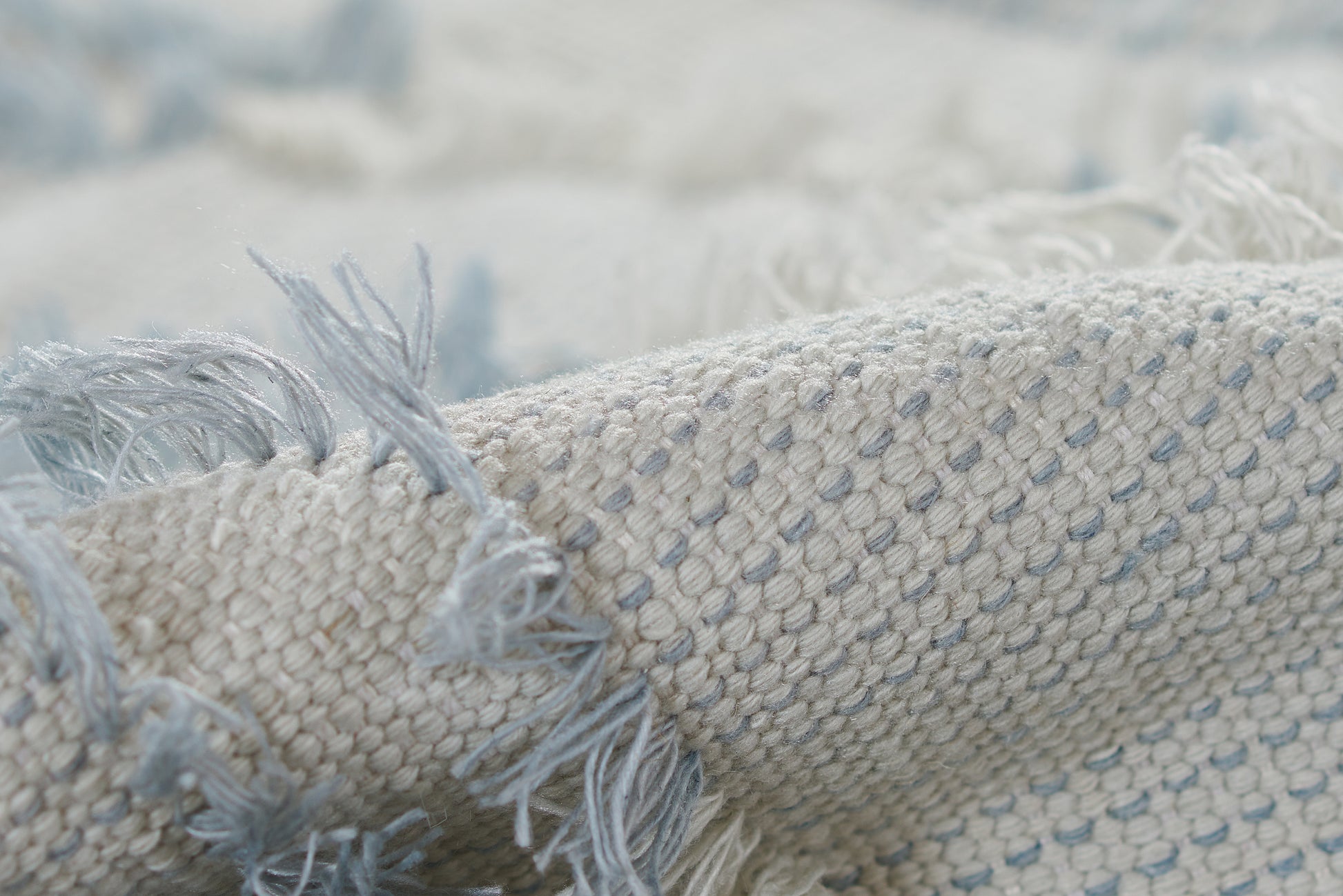 Close-up of cream woven textile with light blue speckles and fringed tassels.