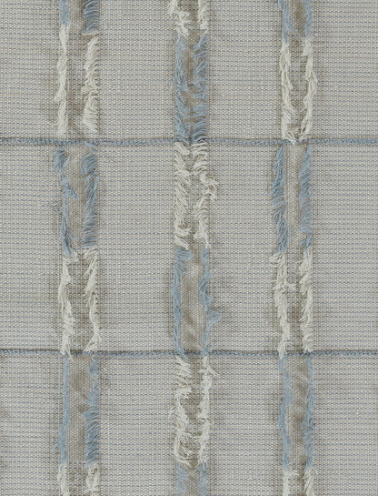 Beige woven runner rug with blue frayed vertical stripes arranged in a grid; textured Boho textile, 2' x 8'.
