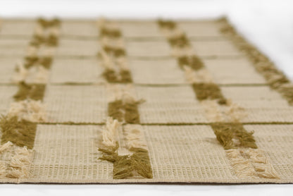 Beige textured jute rug with brown stripe blocks and fringed ends; rectangular casual rug for living room or hallway.