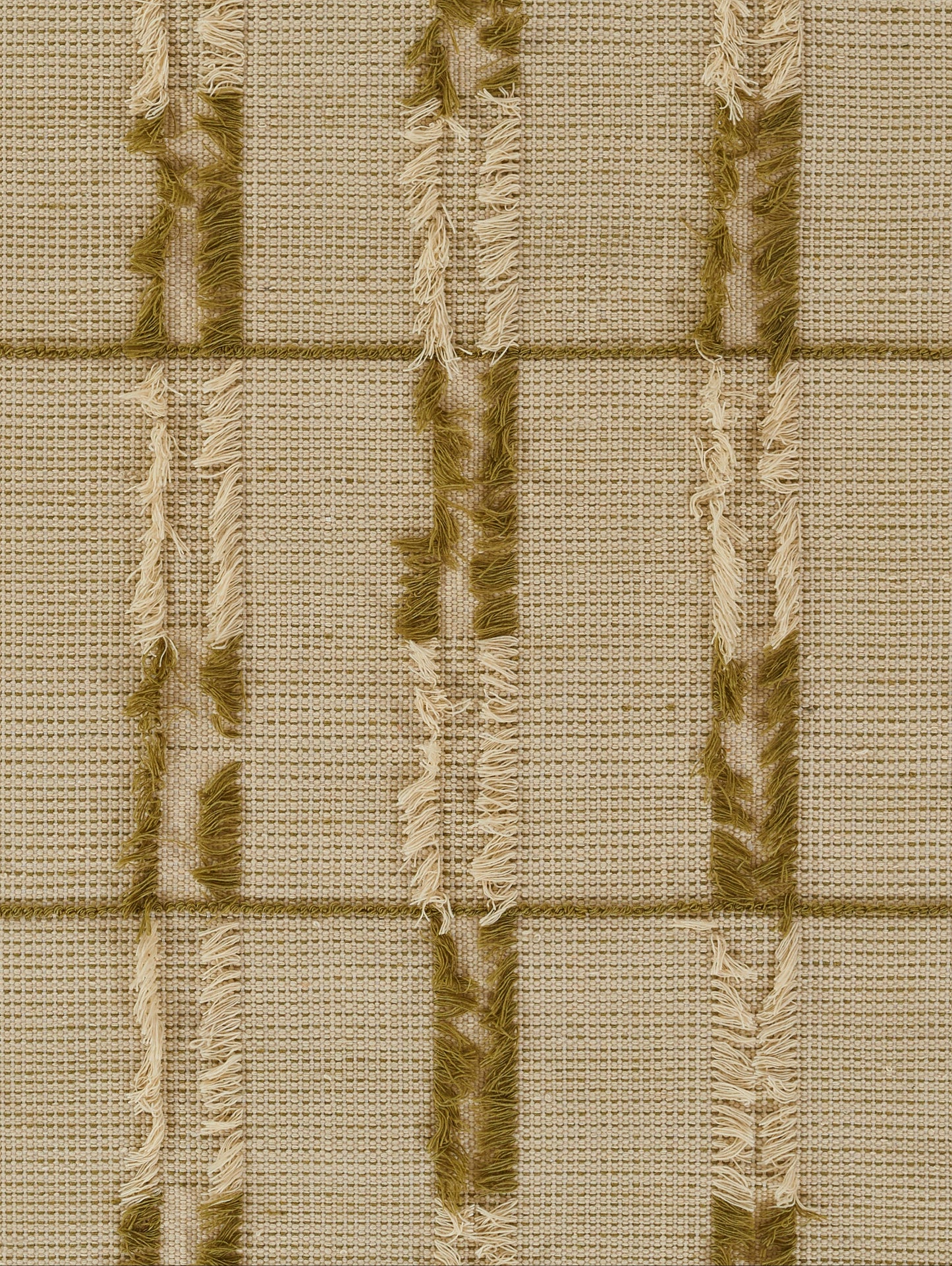 Beige woven rug with olive-green fringe, vertical stripes & a textured grid pattern.