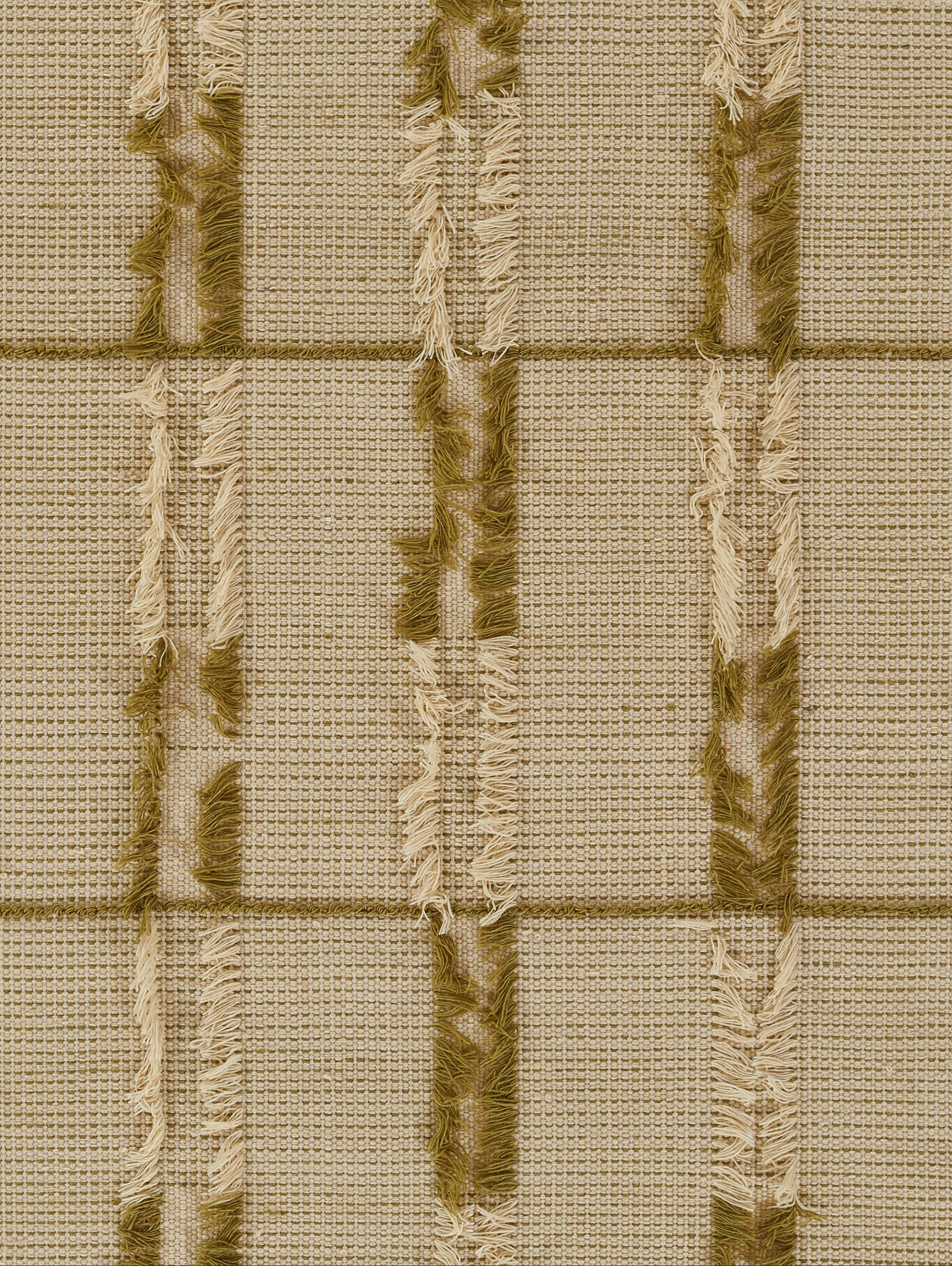 Beige woven rug with grid pattern & vertical olive & cream fringe stripes, textured jute-like fabric.