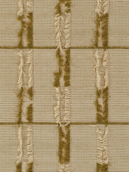 Beige woven rug with grid pattern & vertical olive & cream fringe stripes, textured jute-like fabric.