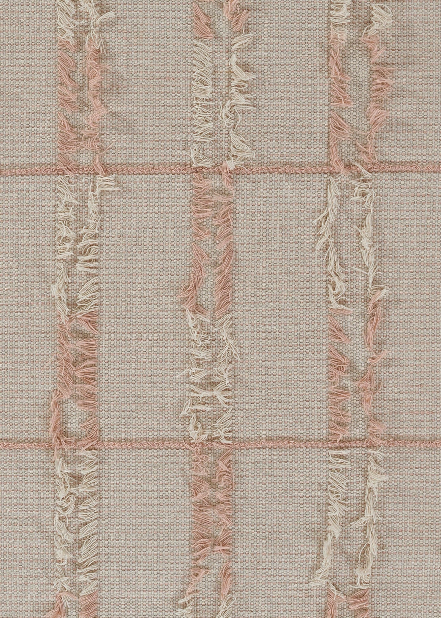 Soft pink woven fabric with cream fringe along vertical stripes forming a plaid grid, textured tweed-style.