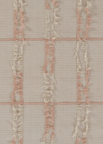 Pink-beige woven textile with fringe-trim grid pattern, soft tweed-style upholstery fabric or throw.