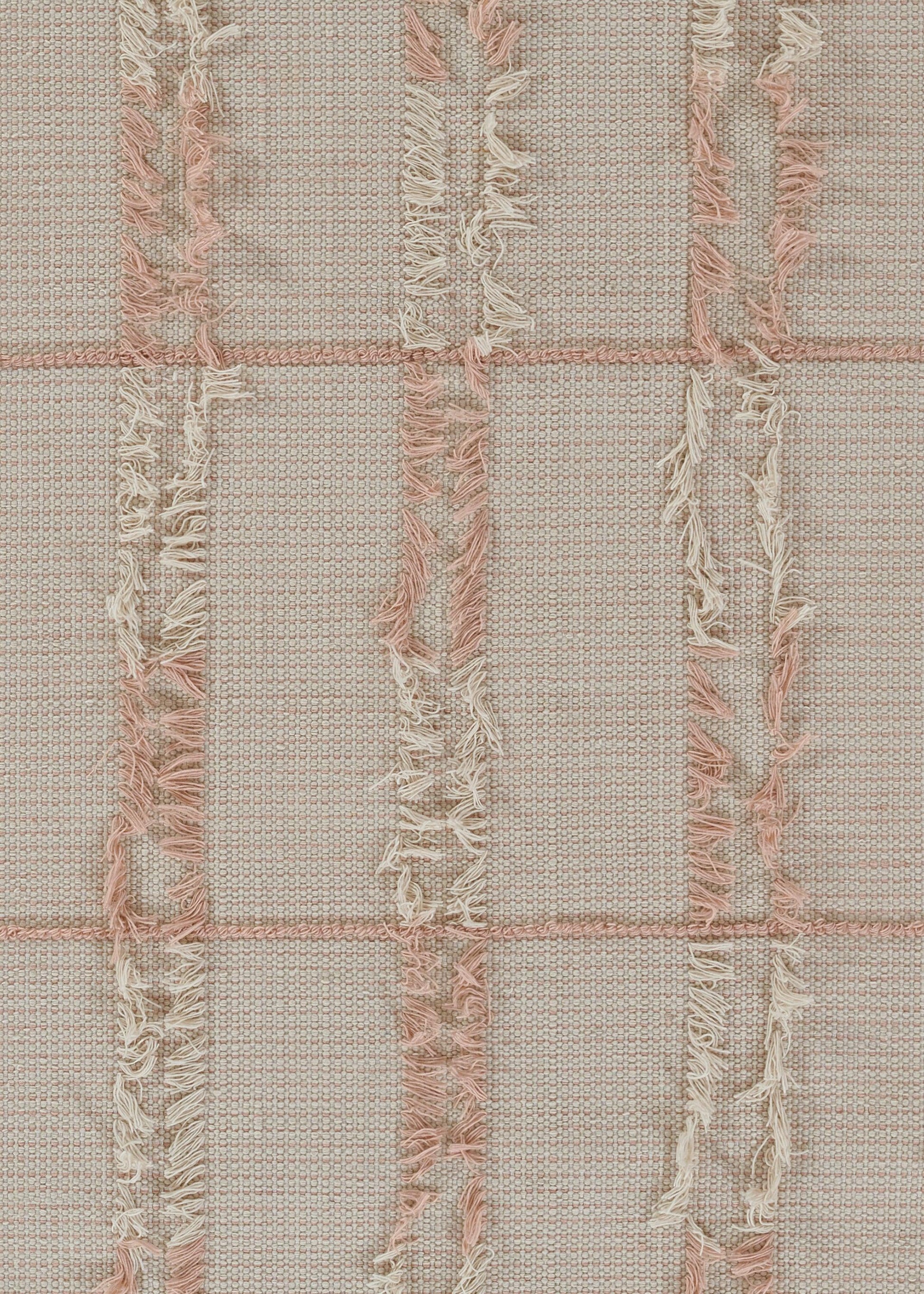 Soft blush pink boucle rug runner with grid pattern and cream fringe trim, 2' x 8'.
