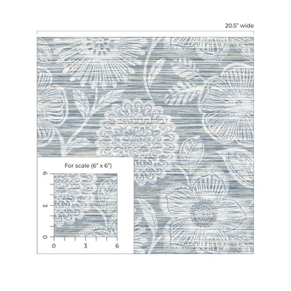 Blue and white faux grass floral wallpaper swatch with scale inset showing 6x6 inches.