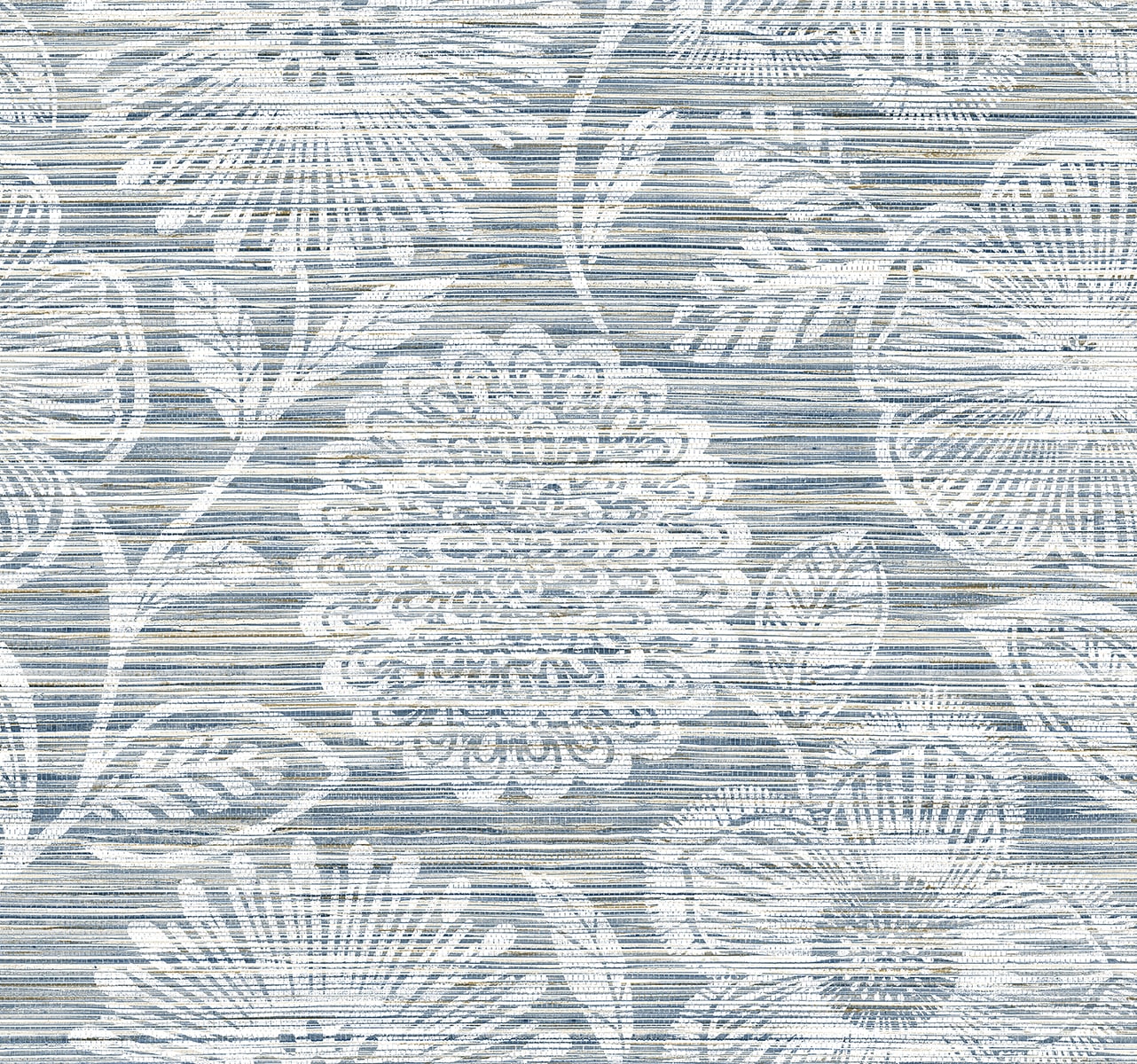 White floral damask pattern with large blossoms and leaves on a textured coastal blue background.