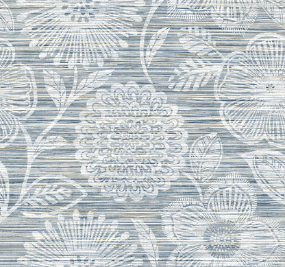 White floral damask pattern with large blossoms and leaves on a textured coastal blue background.