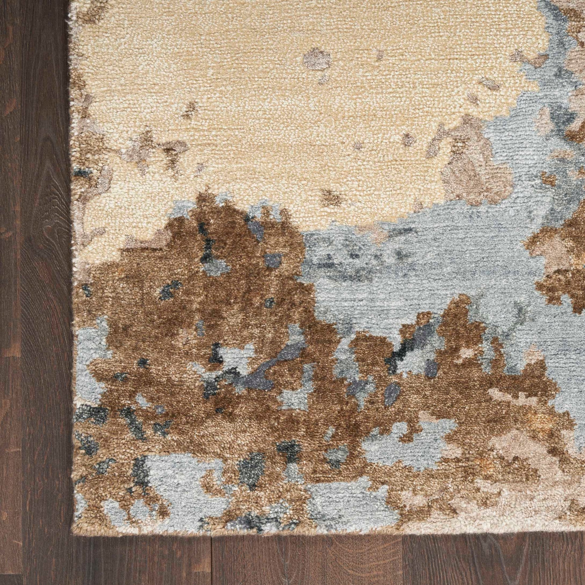 8’ x 10’ Nourison Silk Shadows beige blue abstract area rug, soft modern neutral design with subtle sheen, oversized contemporary living room rug, luxury statement carpet for bedroom, coastal home, or open concept décor.