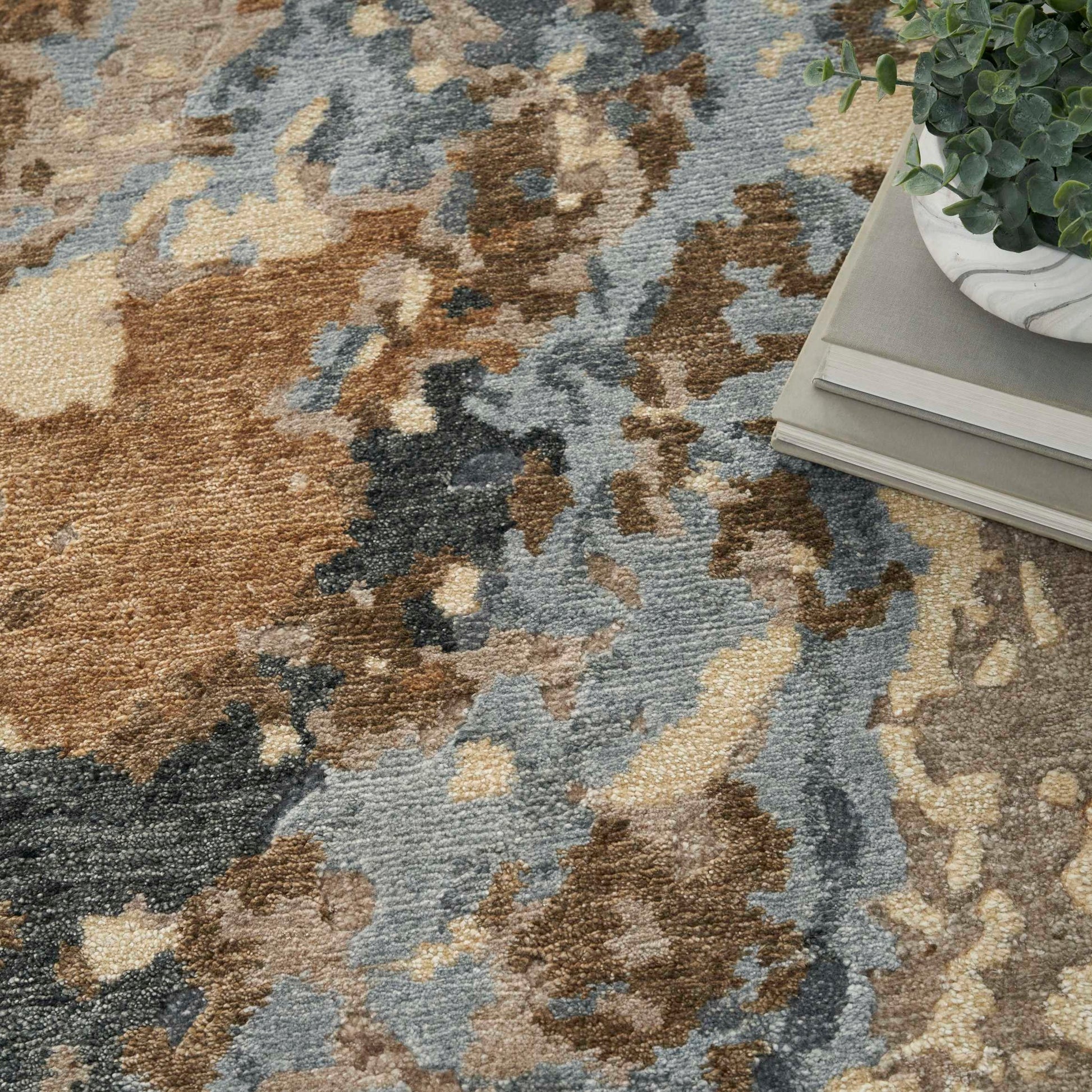 8’ x 10’ Nourison Silk Shadows beige blue abstract area rug, soft modern neutral design with subtle sheen, oversized contemporary living room rug, luxury statement carpet for bedroom, coastal home, or open concept décor.
