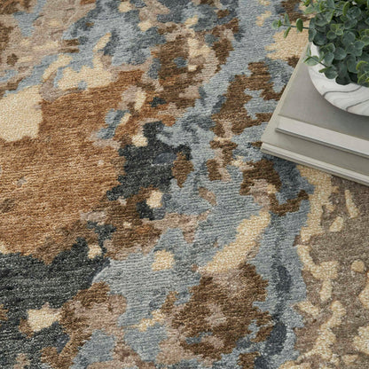 8’ x 10’ Nourison Silk Shadows beige blue abstract area rug, soft modern neutral design with subtle sheen, oversized contemporary living room rug, luxury statement carpet for bedroom, coastal home, or open concept décor.