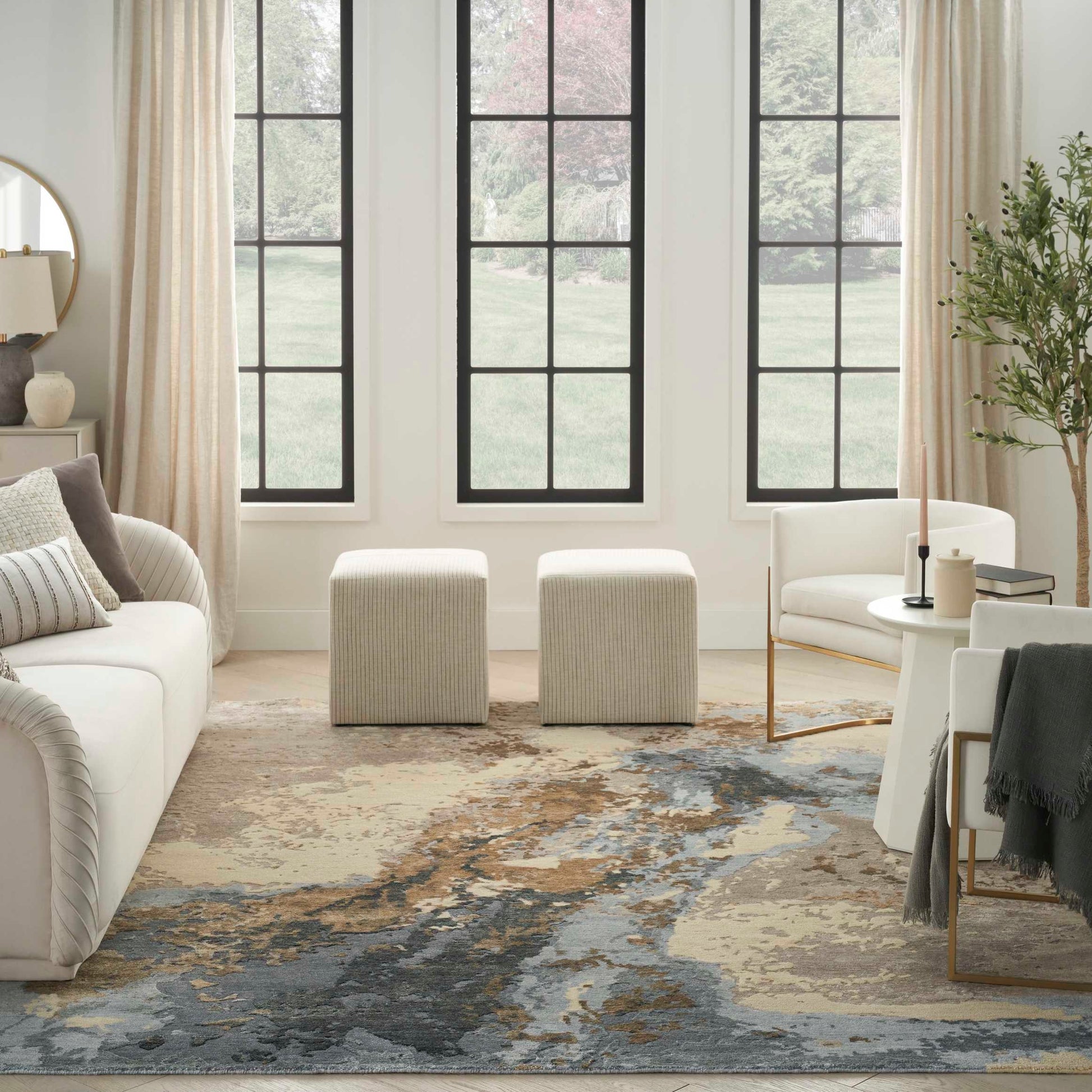 8’ x 10’ Nourison Silk Shadows beige blue abstract area rug, soft modern neutral design with subtle sheen, oversized contemporary living room rug, luxury statement carpet for bedroom, coastal home, or open concept décor.