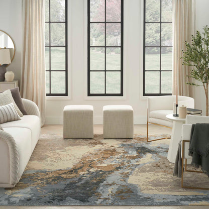 8’ x 10’ Nourison Silk Shadows beige blue abstract area rug, soft modern neutral design with subtle sheen, oversized contemporary living room rug, luxury statement carpet for bedroom, coastal home, or open concept décor.